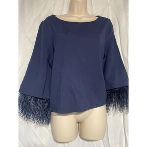 Halogen  1 Navy top with cute sleeve removable Ostrich feather  detail